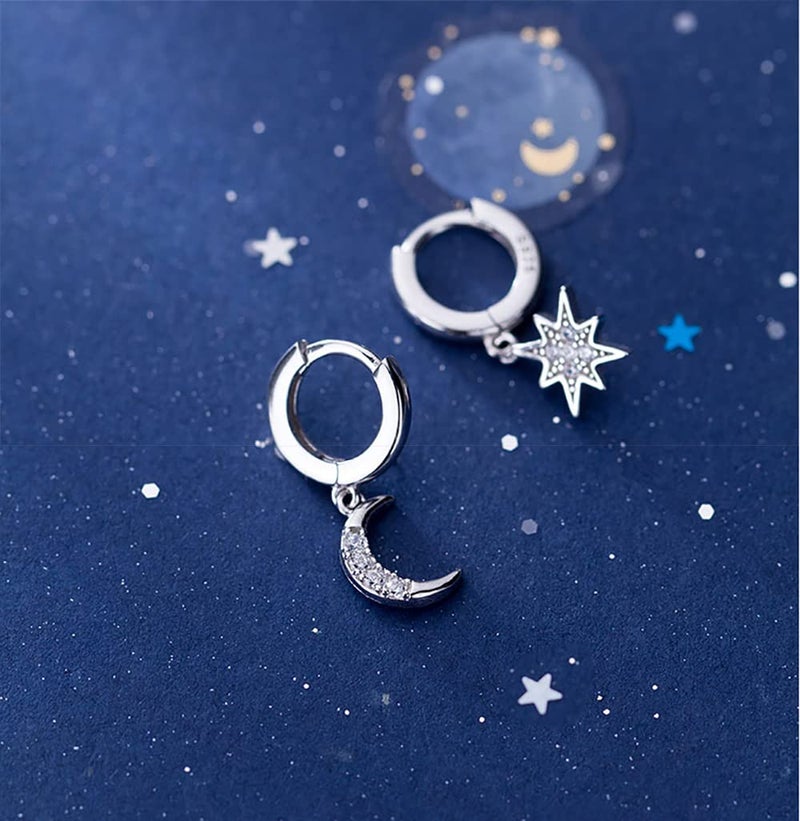 Reffeer Solid 925 Sterling Silver CZ Star Moon Drop Hoop Earrings for Women Teen Girls Crystal Moon Star Hoop Earrings Dangle (A-Silver) - Image 4